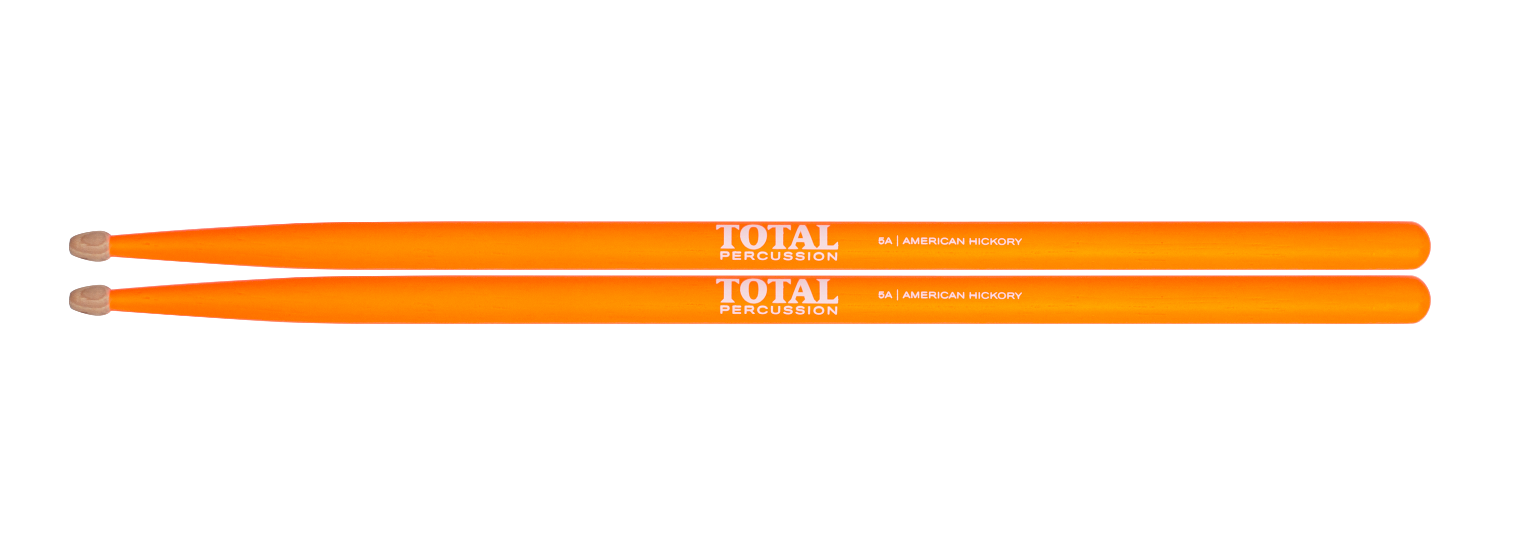 Total Percussion 5A wood tip drumsticks in vibrant fluro orange, designed for drumming and percussion playing.