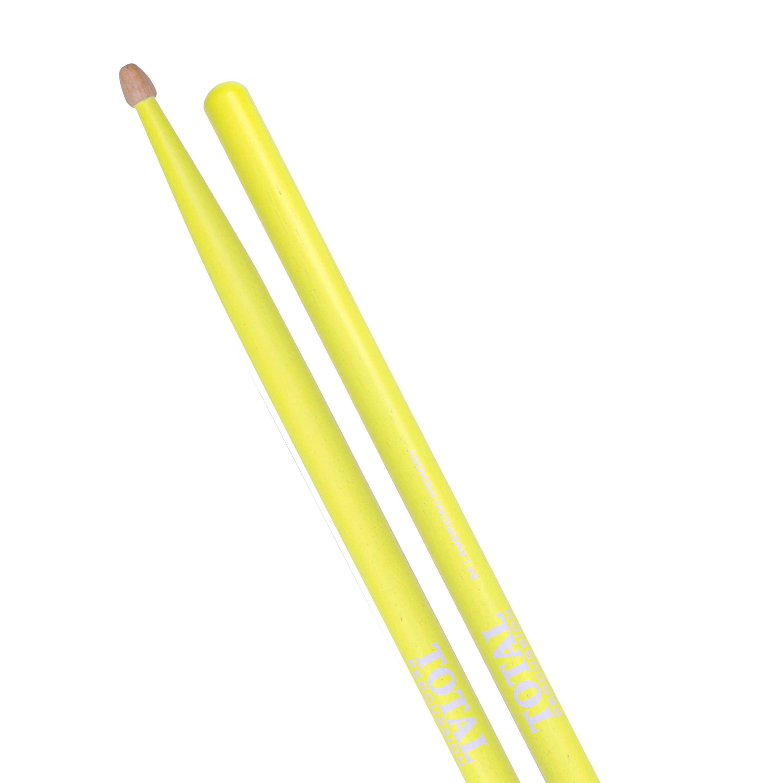 Total Percussion 5A drumsticks in fluorescent yellow with wood tips, ideal for drumming and percussion performances.