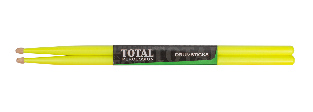 Total Percussion 5A drumsticks in fluorescent yellow with wood tips, ideal for drummers seeking bright, durable sticks.