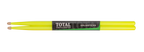 Total Percussion 5A drumsticks in fluorescent yellow with wood tips, ideal for drummers seeking bright, durable sticks.