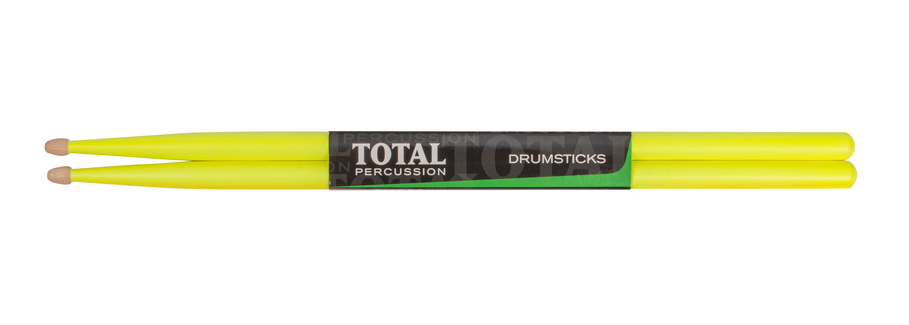 Total Percussion 5A drumsticks in fluorescent yellow with wood tips, ideal for drummers seeking bright, durable sticks.