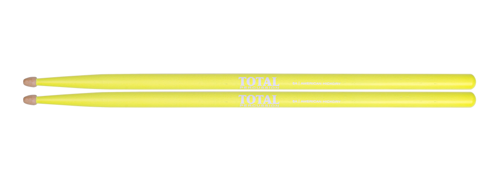 Total Percussion 5A drumsticks with yellow fluro finish and wood tips, suitable for drumming and percussion playing.