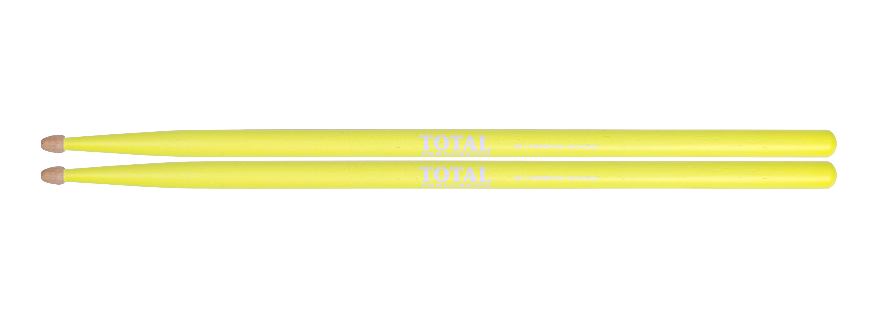 Total Percussion 5A drumsticks with yellow fluro finish and wood tips, suitable for drumming and percussion playing.
