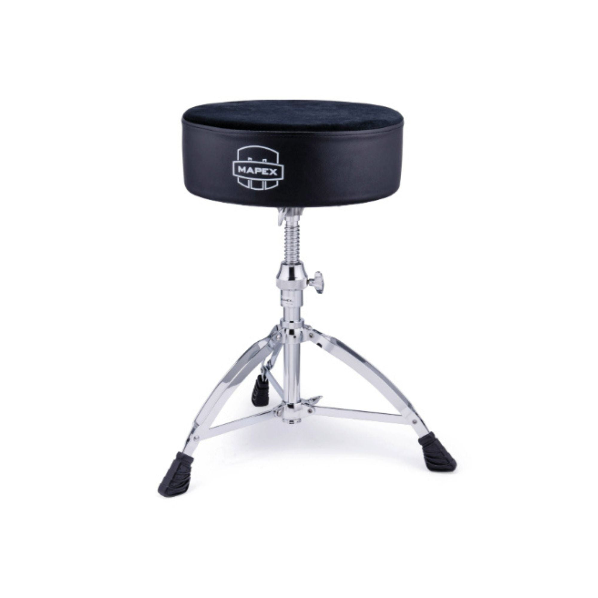Mapex T680 double-braced round top drum throne with threaded cloth seat in black, designed for comfortable drumming.