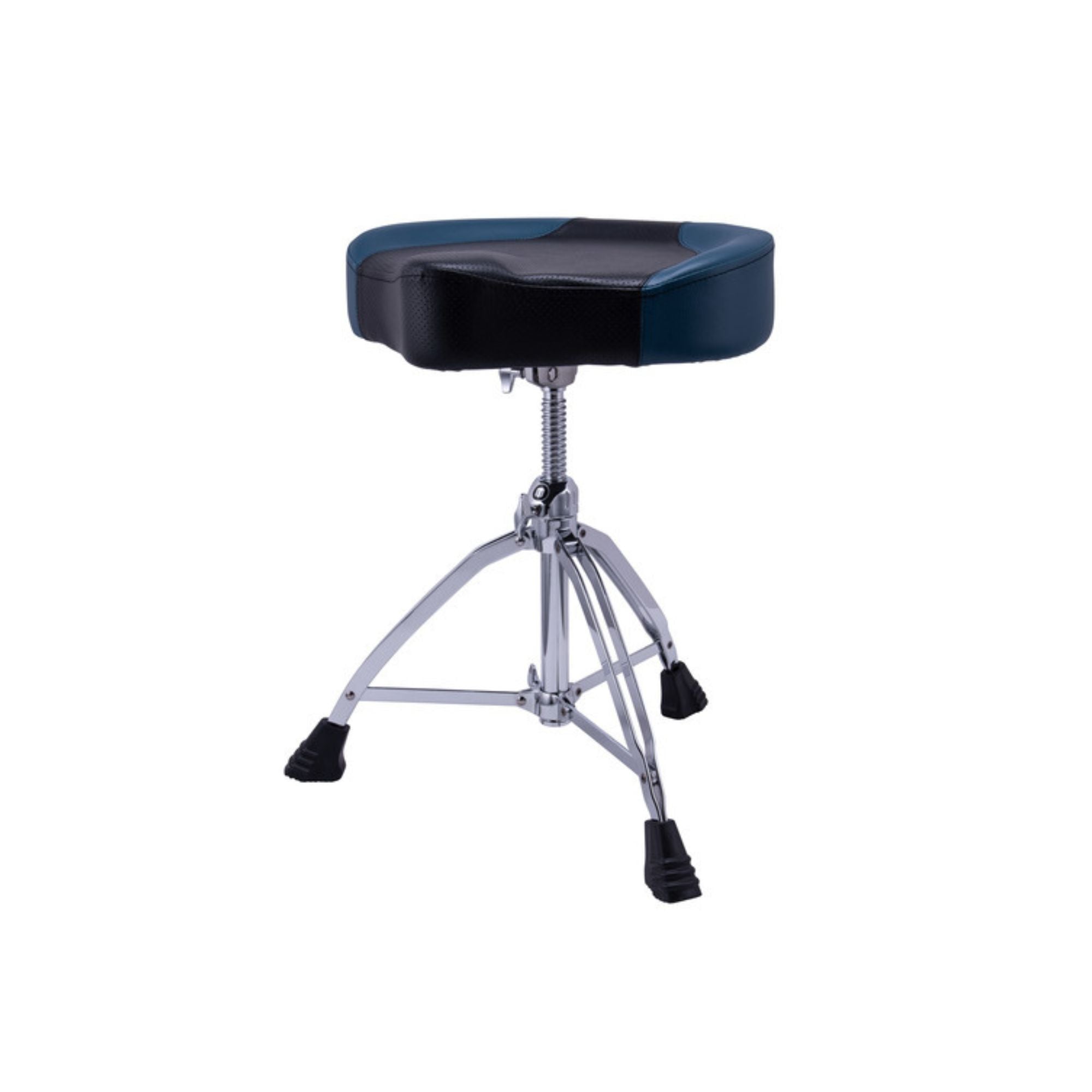 Mapex T855BR 14x4 round top double-braced drum throne with blue leather seat and sturdy metal base.