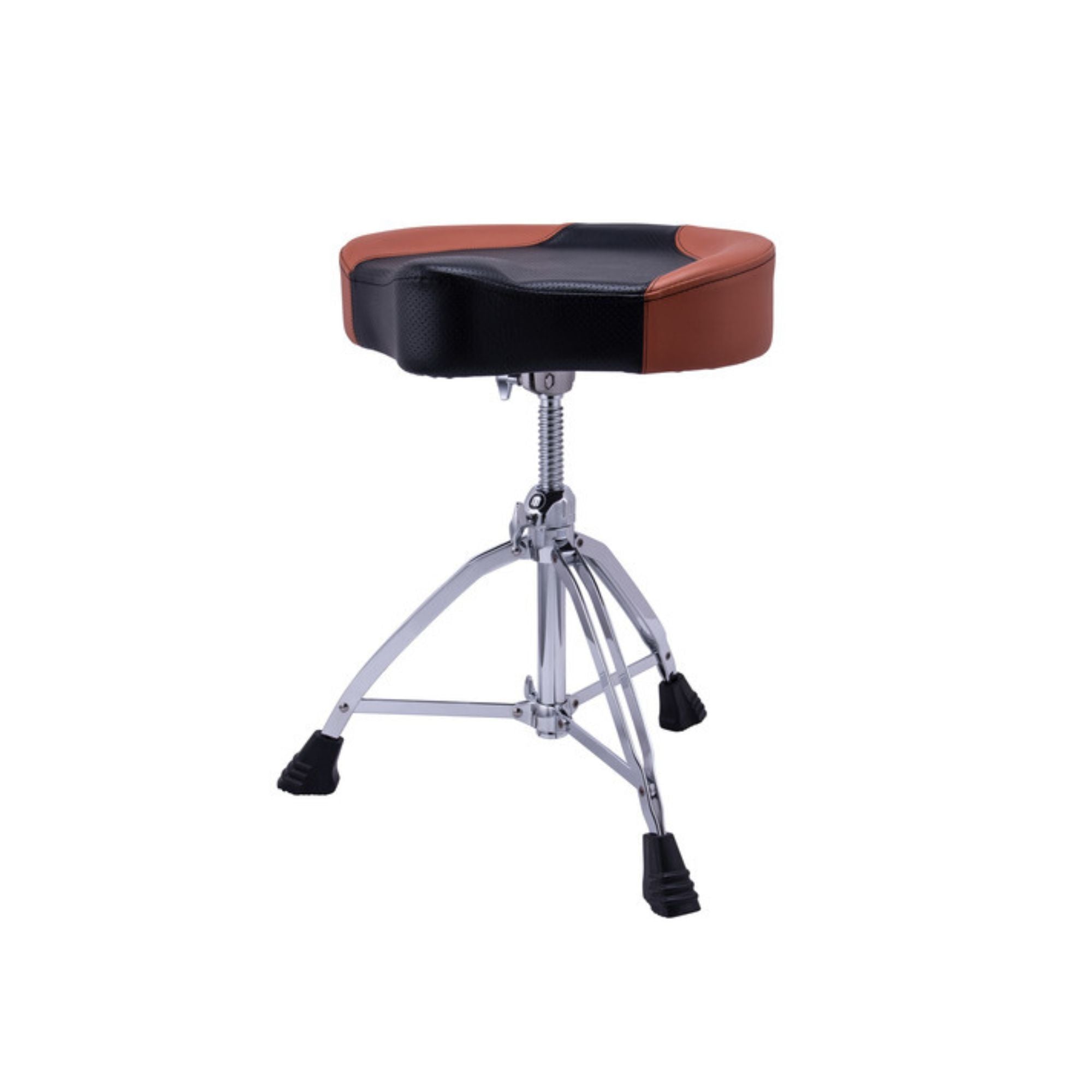 Mapex T855BR 14x4 round top double-braced drum throne with brown leather upholstery and sturdy construction.
