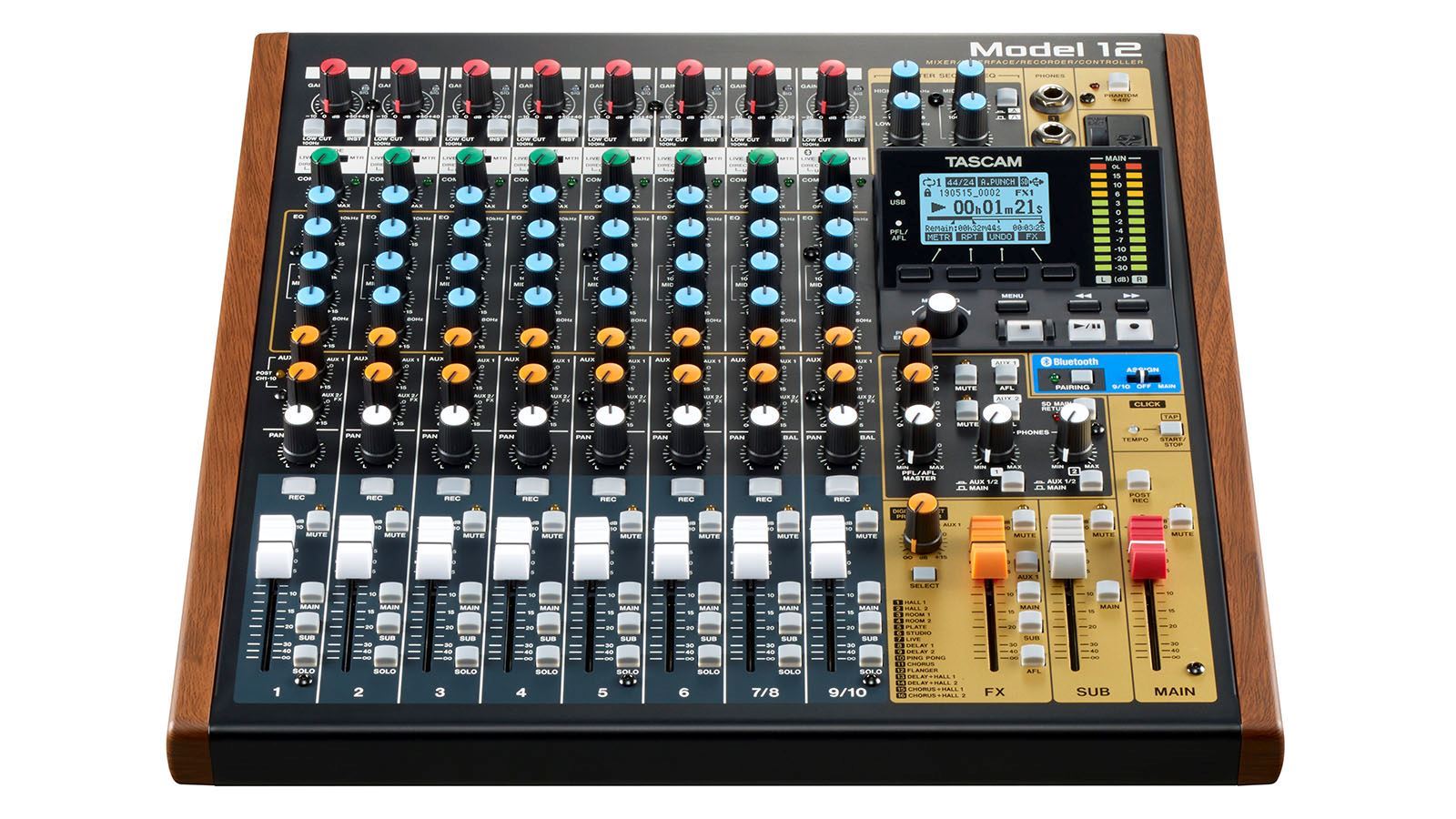 Tascam Model 12 digital multitrack recorder with integrated USB audio interface and control panel, showing various input knobs and connections.
