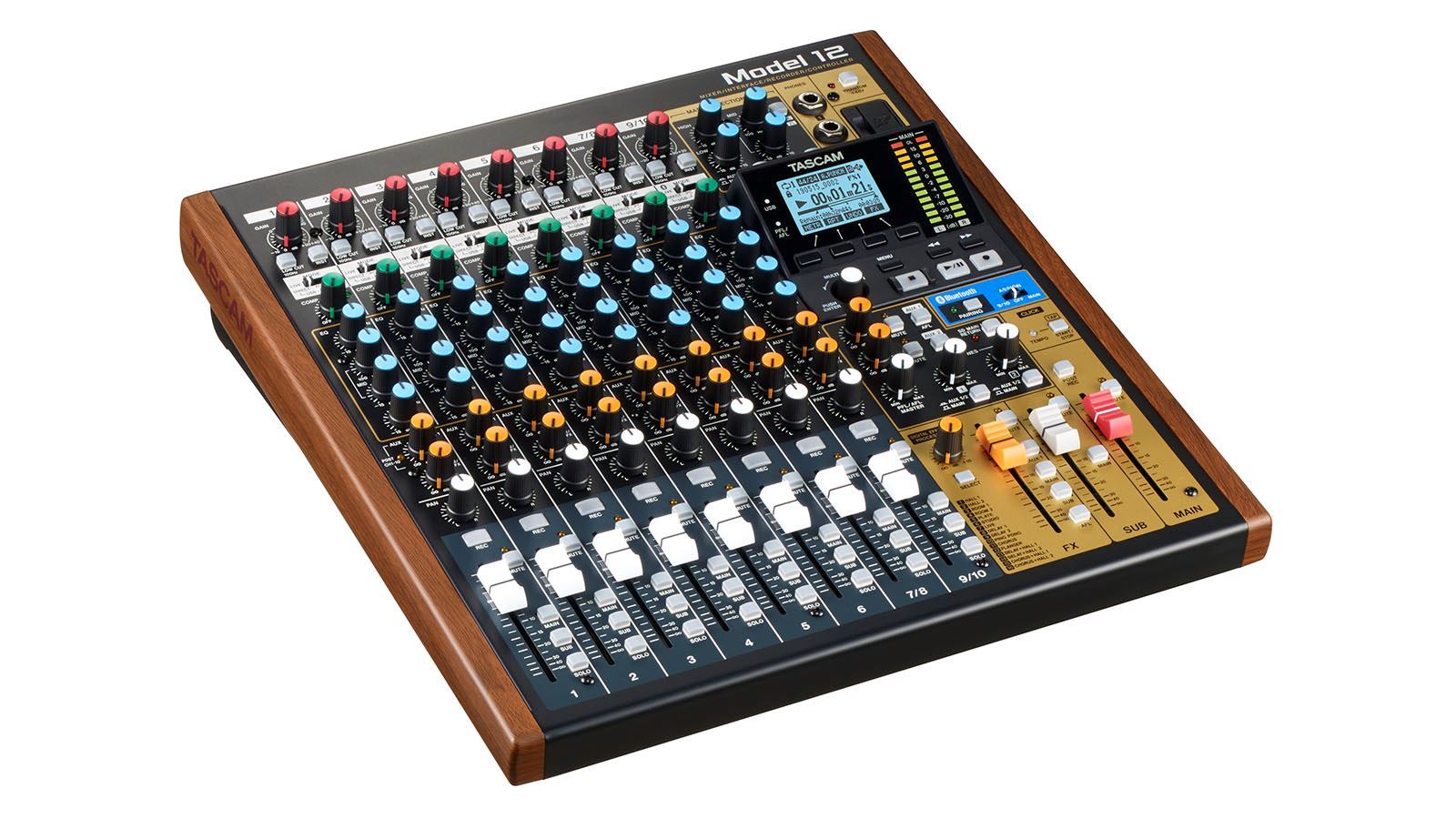 Tascam Model 12 digital multitrack recorder with integrated USB audio interface and control surface, featuring multiple input options.