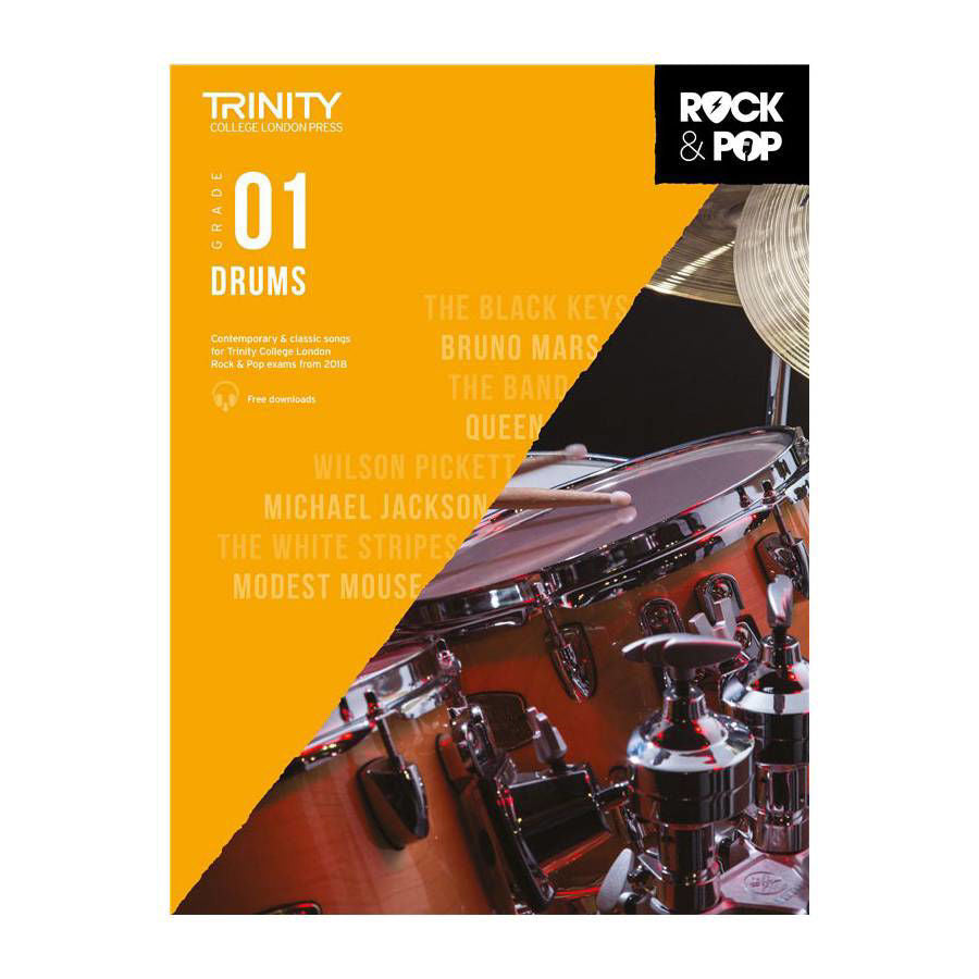 Trinity College London Rock & Pop Drums Grade 1 book cover featuring vibrant graphics and drum illustrations.