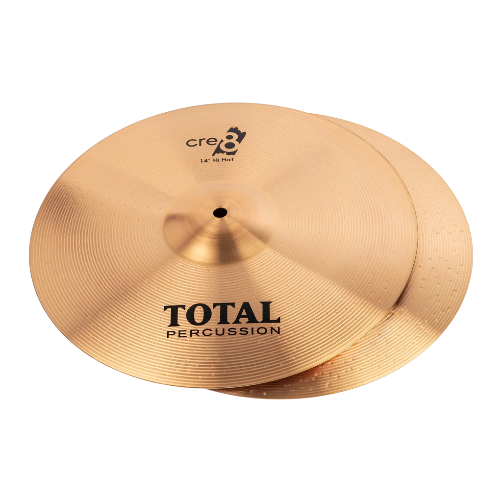 Pair of Total Percussion 14-inch hi-hat cymbals with a shiny metal finish, designed for drum kits and percussion setups.