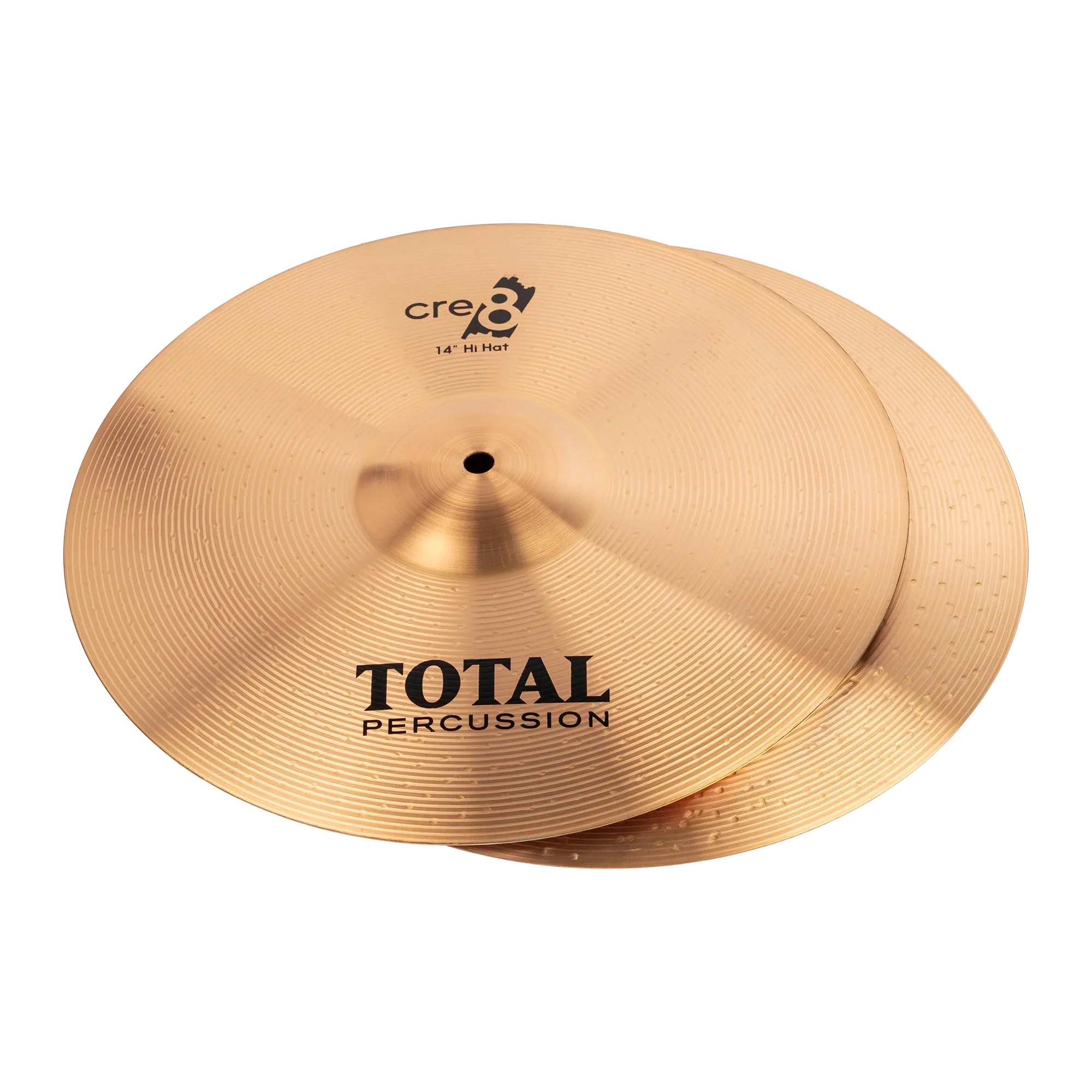 Pair of Total Percussion 14-inch hi-hat cymbals with a shiny metal finish, designed for drum kits and percussion setups.