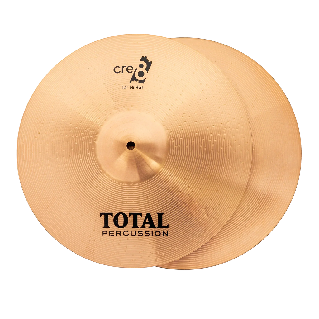 Pair of Total Percussion 14-inch hi-hat cymbals, single cymbals shown, with a shiny metallic finish and drumstick grooves.