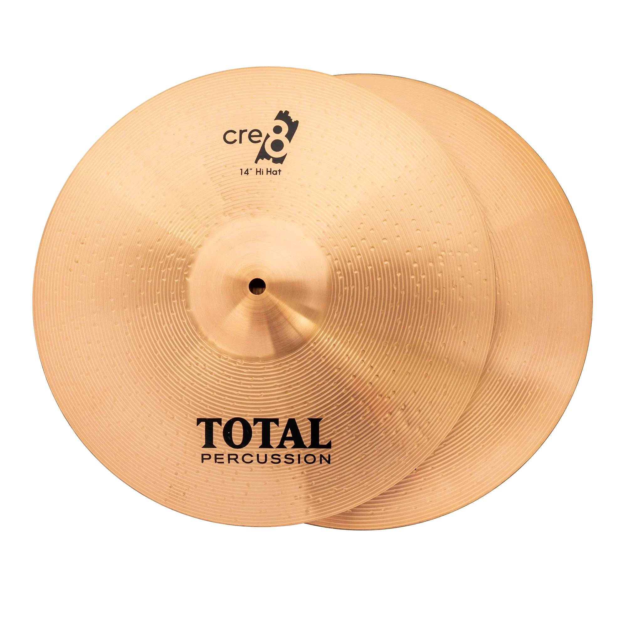 Pair of Total Percussion 14-inch hi-hat cymbals, single cymbals shown, with a shiny metallic finish and drumstick grooves.