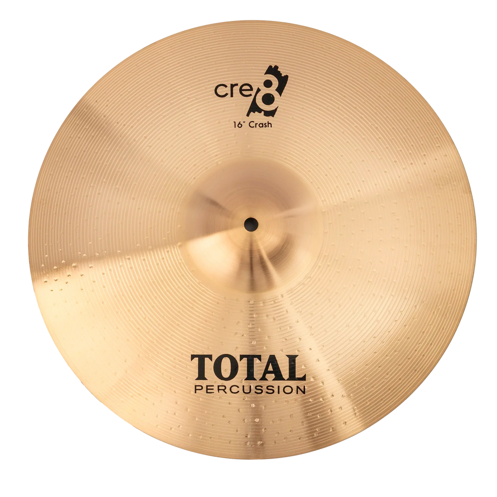 Total Percussion 16-inch crash cymbal showing its shiny, circular metal surface with engraved brand logo and mounting hole at the center.