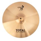 Total Percussion 16-inch crash cymbal showing its shiny, circular metal surface with engraved brand logo and mounting hole at the center.