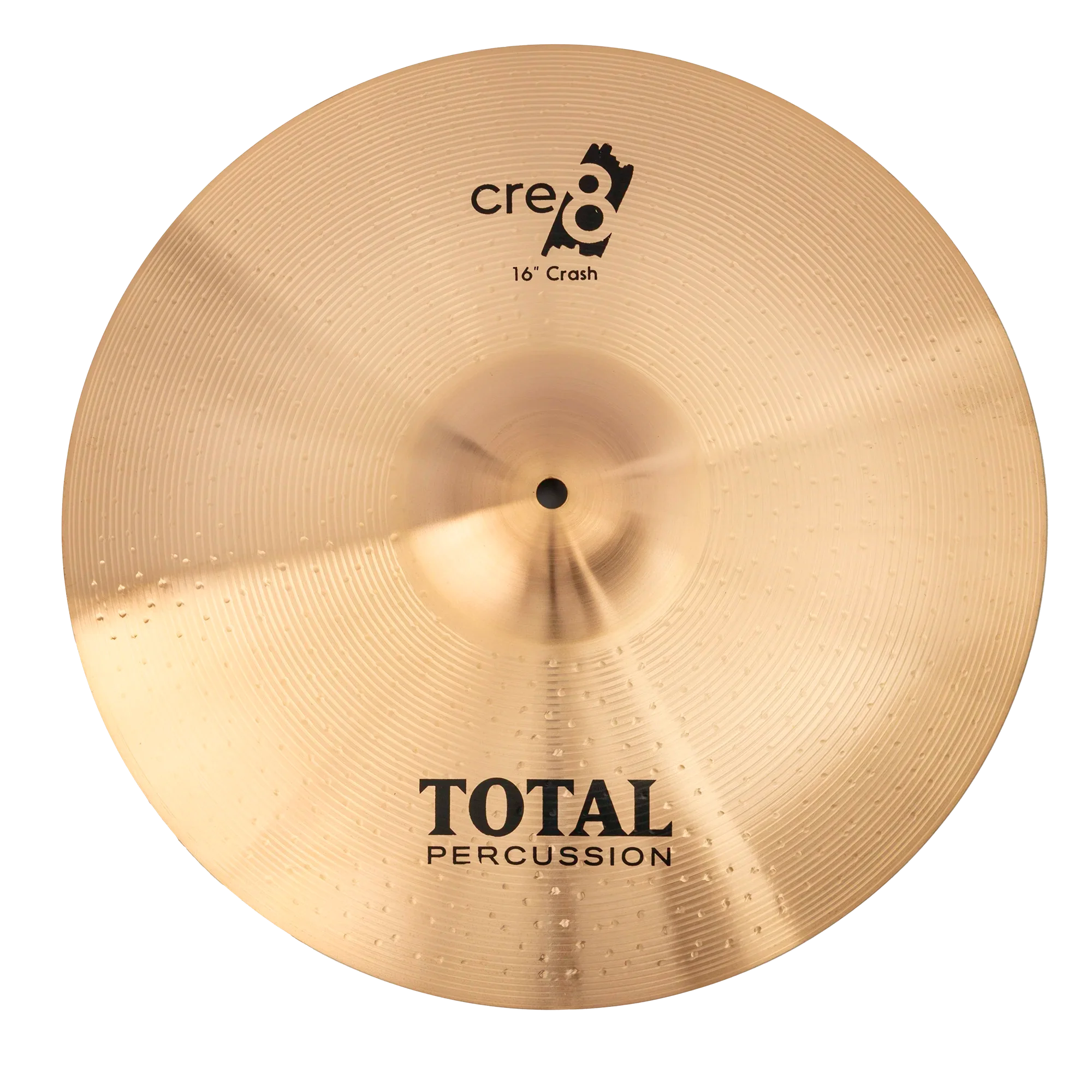 Total Percussion 16-inch crash cymbal showing its shiny, circular metal surface with engraved brand logo and mounting hole at the center.