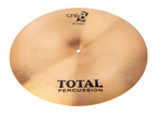 Total Percussion 18-inch China cymbal showing a shiny, bronze finish with a slightly curved edge and intricate hammering details.