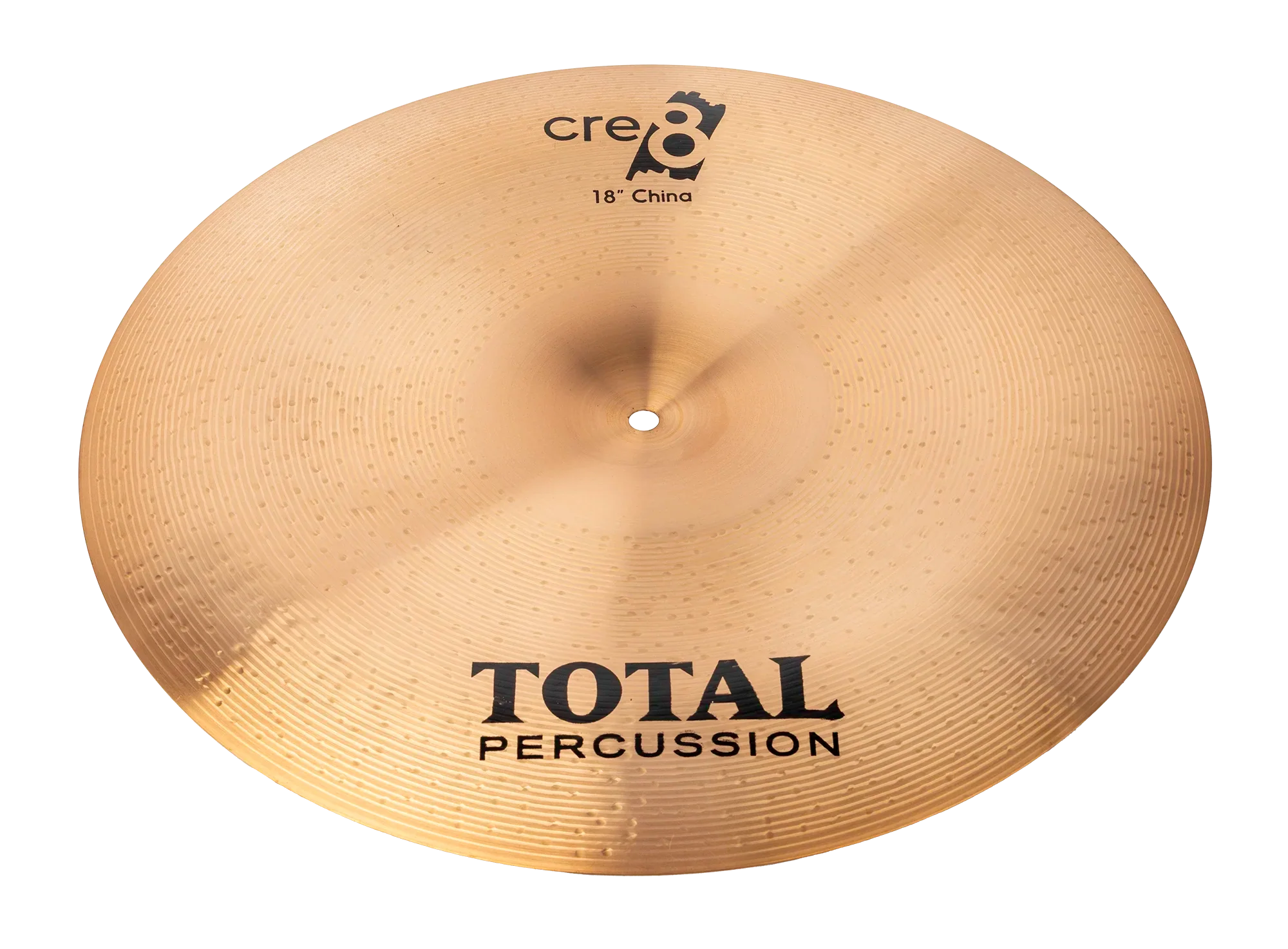 Total Percussion 18-inch China cymbal showing a shiny, bronze finish with a slightly curved edge and intricate hammering details.
