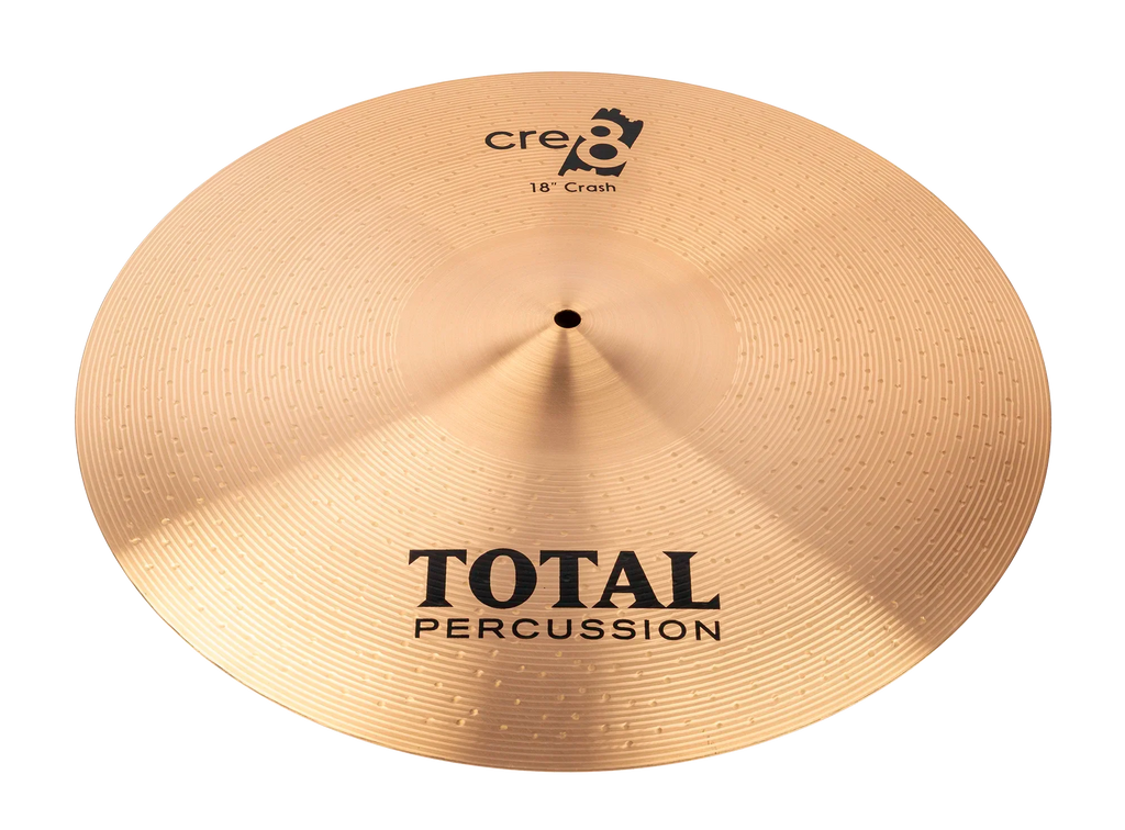 Total Percussion 18-inch crash cymbal, single percussion cymbal with a shiny bronze finish, mounted on a cymbal stand.