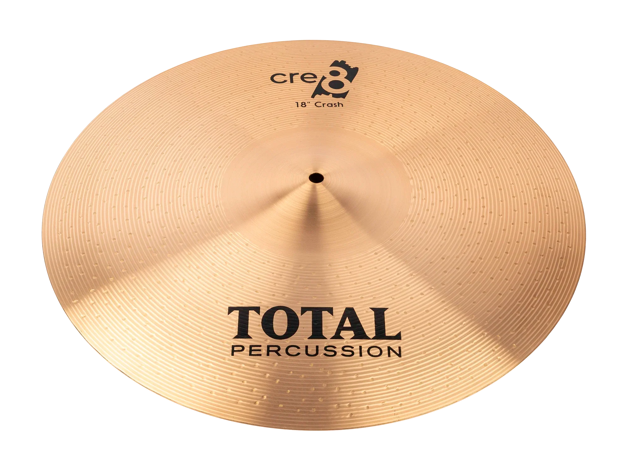 Total Percussion 18-inch crash cymbal, single percussion cymbal with a shiny bronze finish, mounted on a cymbal stand.