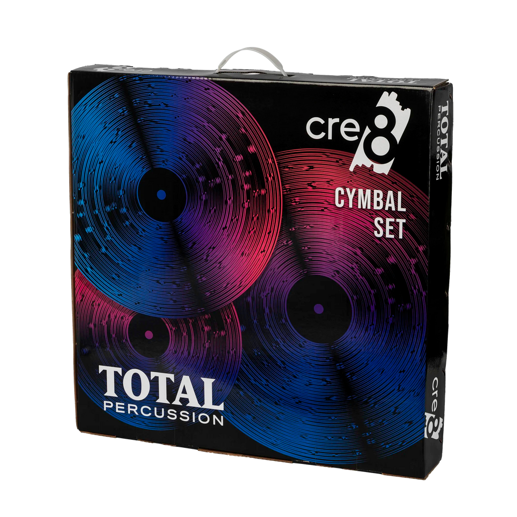Total Percussion CRE8 Series cymbal box set with cymbal bag, including crash, ride, and hi-hat cymbals for drum kits.