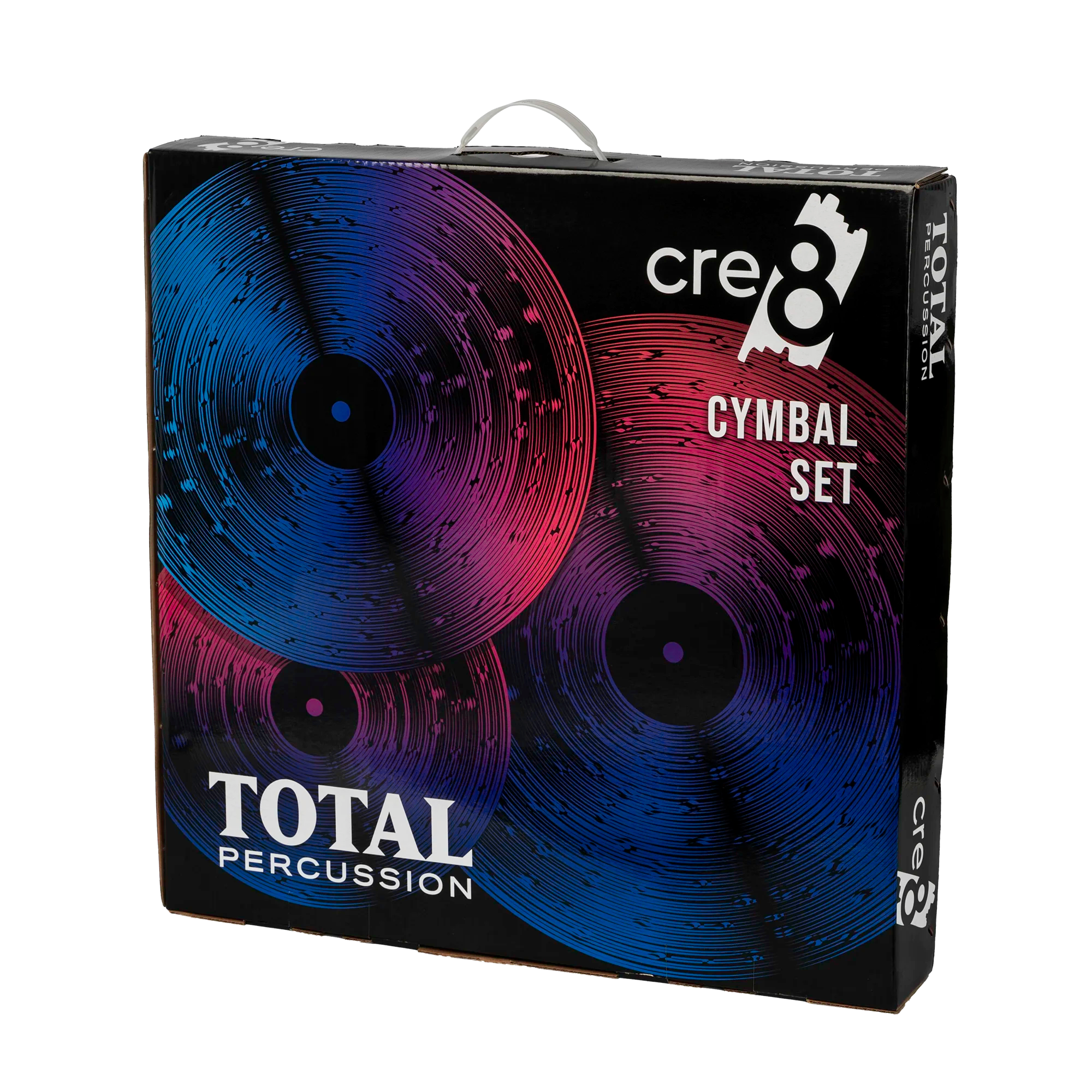 Total Percussion CRE8 Series cymbal box set with cymbal bag, including crash, ride, and hi-hat cymbals for drum kits.