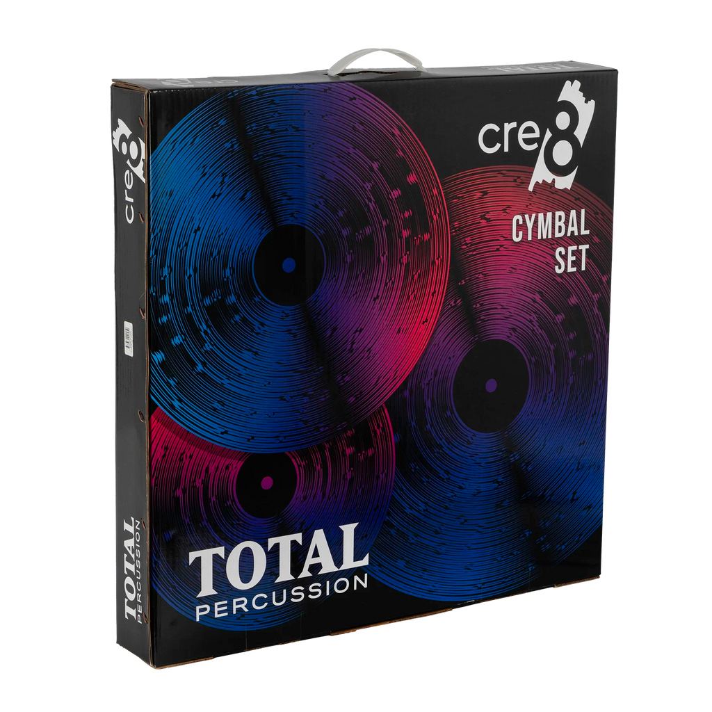 Total Percussion CRE8 Series cymbal box set with cymbal bag, includes various percussion cymbals for drumming enthusiasts
