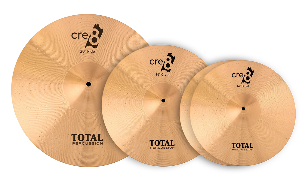Total Percussion CRE8 Series Cymbal Pack with cymbals and included cymbal bag, showing various cymbal sizes and branded packaging.