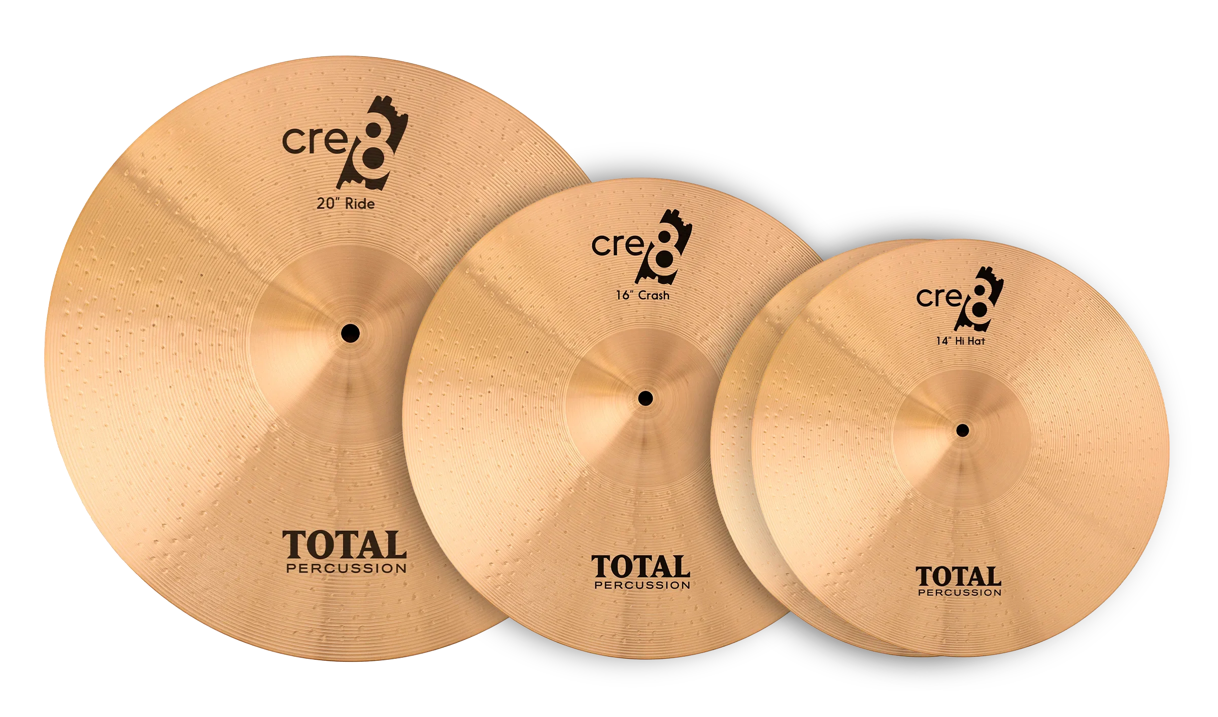 Total Percussion CRE8 Series Cymbal Pack with cymbals and included cymbal bag, showing various cymbal sizes and branded packaging.