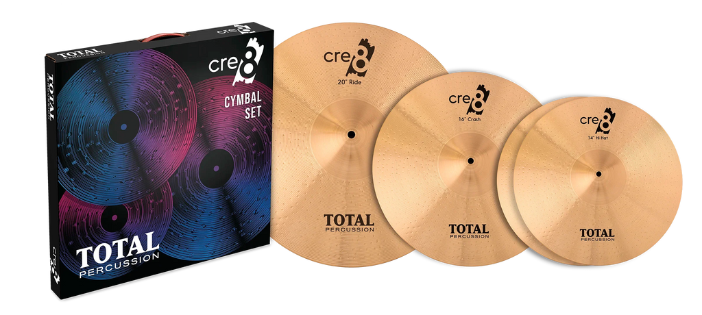 Total Percussion CRE8 Series cymbal box set with cymbals and carrying bag, ideal for drummers and percussionists.