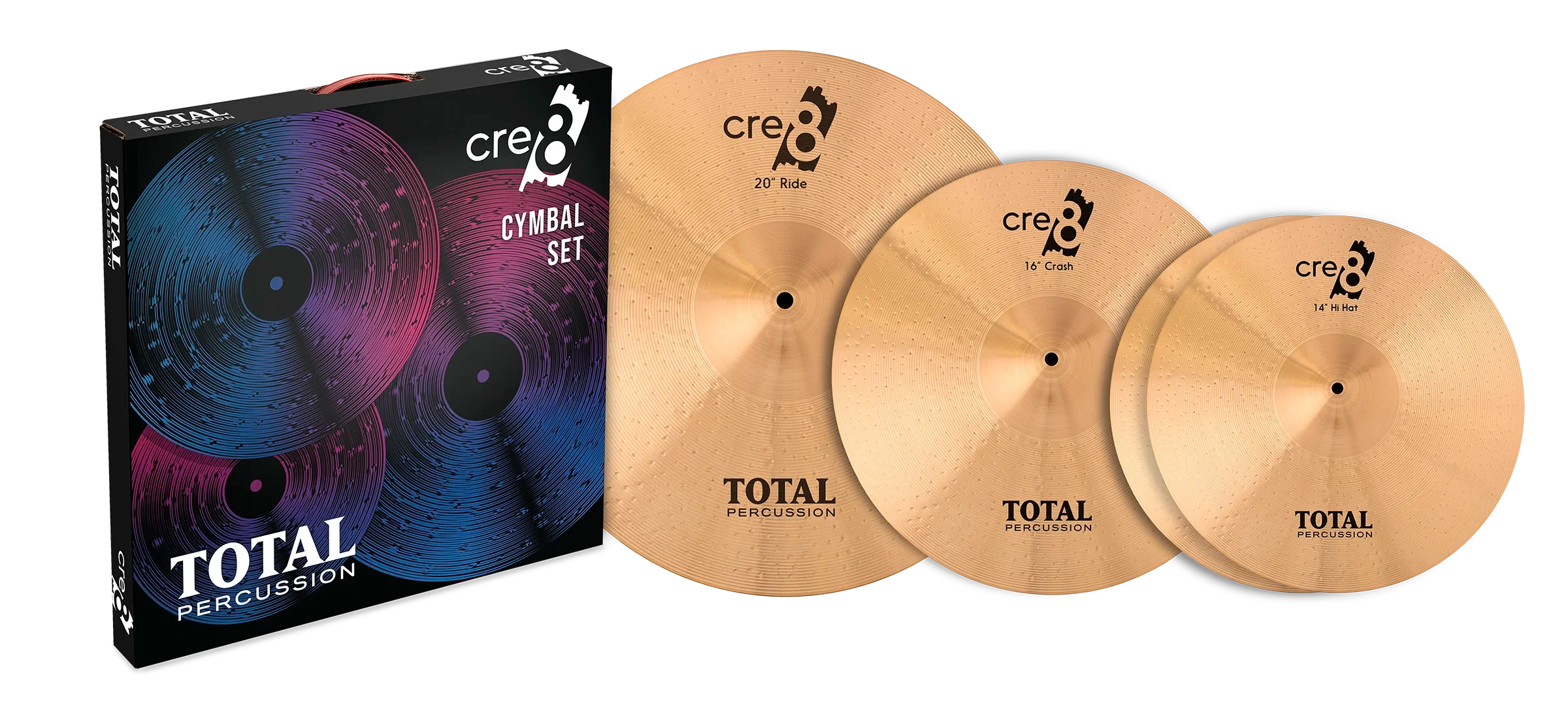 Total Percussion CRE8 Series cymbal box set with cymbals and carrying bag, ideal for drummers and percussionists.
