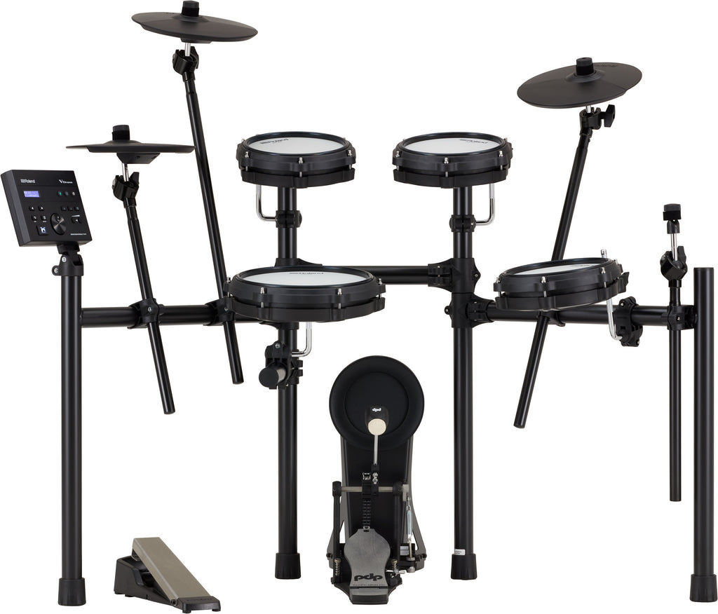 Roland TD-07DMK2 V-Drums electronic drum kit with mesh drum pads and cymbals, viewed from the back showing control module and hardware.