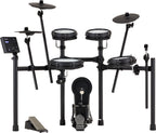 Roland TD-07DMK2 V-Drums electronic drum kit with mesh drum pads and cymbals, viewed from the back showing control module and hardware.
