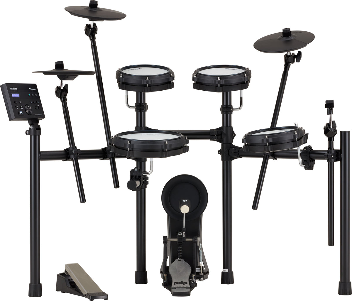 Roland TD-07DMK2 V-Drums electronic drum kit with mesh drum pads and cymbals, viewed from the back showing control module and hardware.