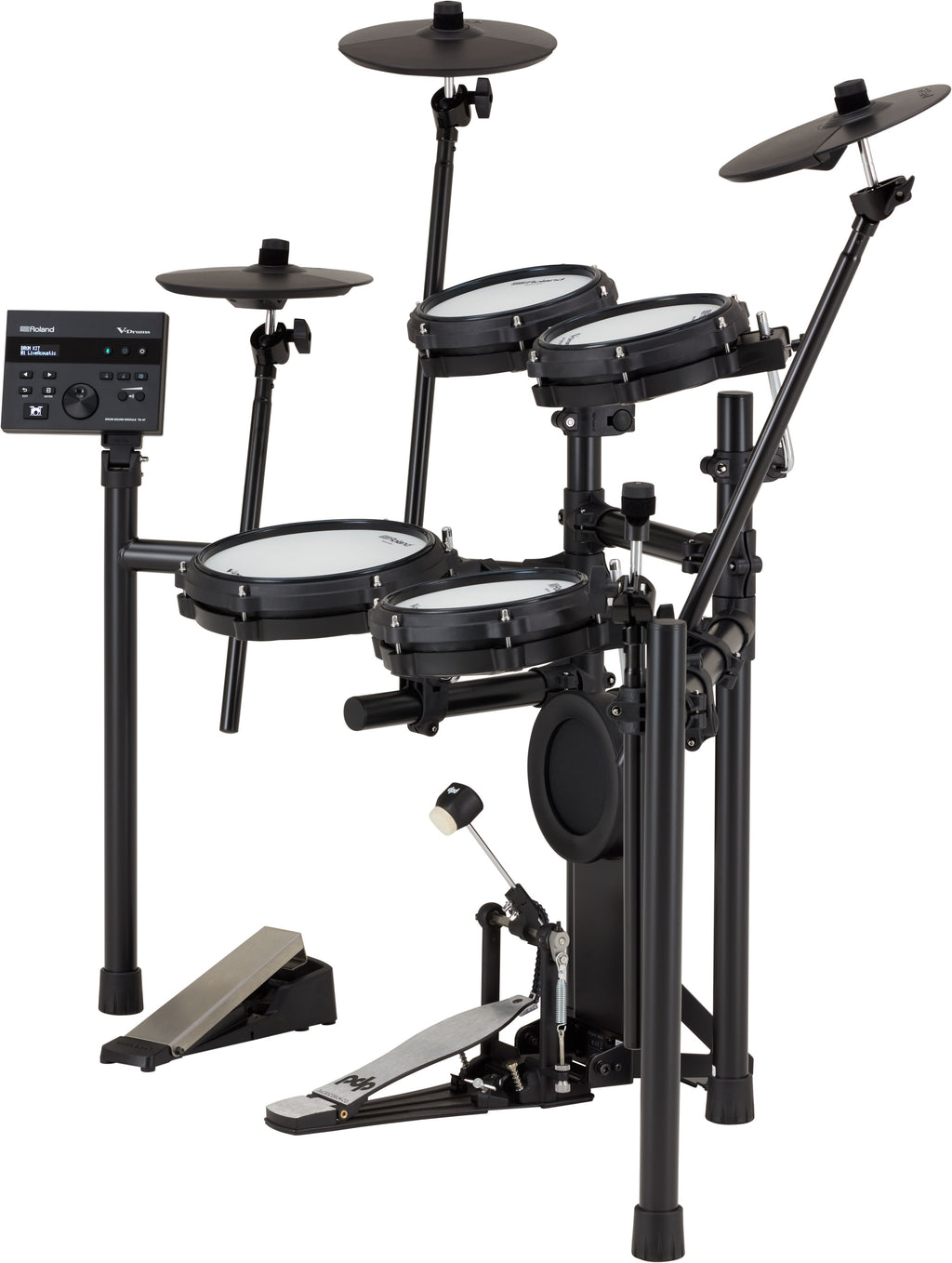 Side view of the Roland TD-07DMK2 V-Drums electronic drum kit showing drum pads and hardware setup.