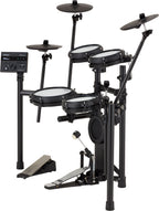 Side view of the Roland TD-07DMK2 V-Drums electronic drum kit showing drum pads and hardware setup.