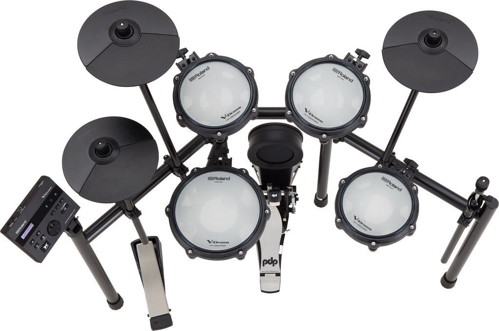 Roland TD-07DMK2 V-Drums electronic drum kit with mesh drum pads, cymbals, and control module on top view.