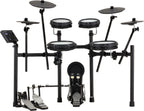 Roland TD-07KV2 V-Drums electronic drum kit with mesh snare and cymbals, view of the back panel showing connections and controls.