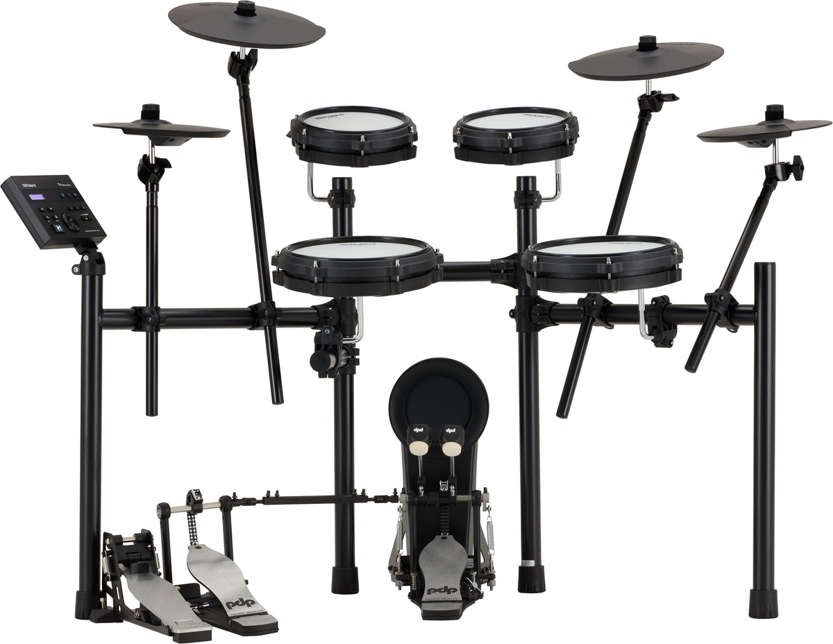 Roland TD-07KV2 V-Drums electronic drum kit with mesh snare and cymbals, view of the back panel showing connections and controls.