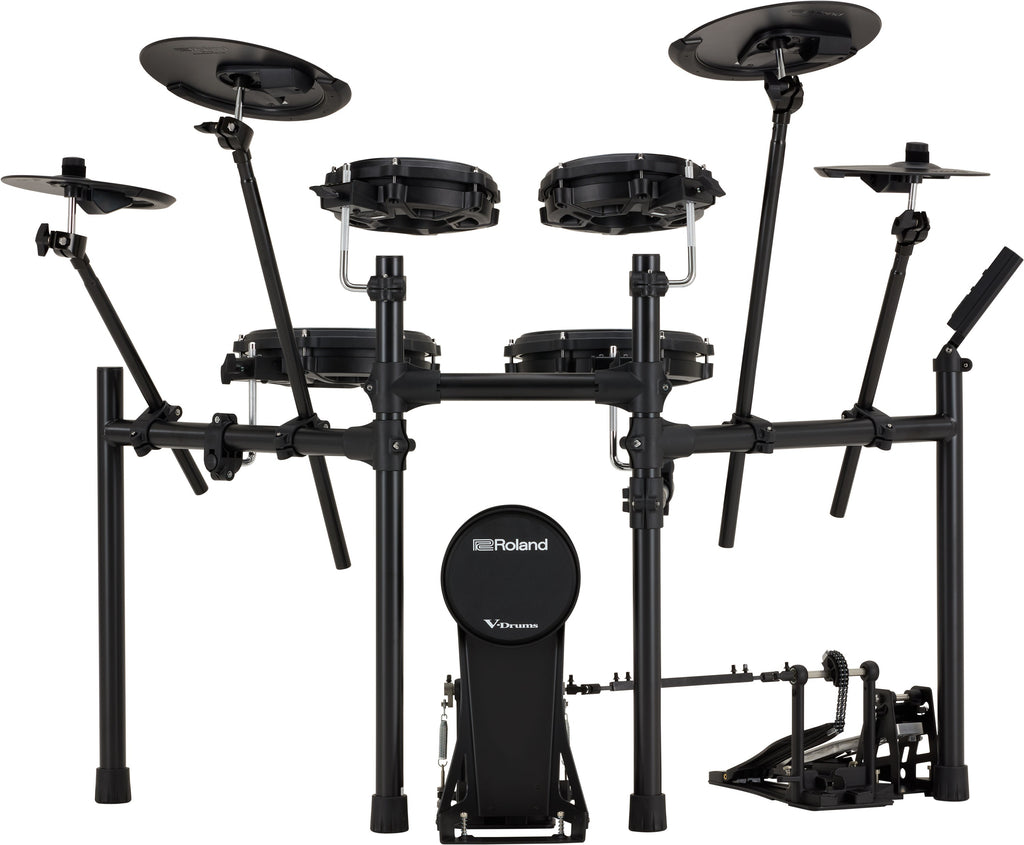 Roland TD-07KV2 V-Drums electronic drum kit with mesh snare and tom pads, compact drum module, and sturdy hardware.