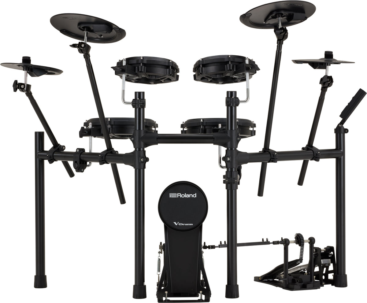 Roland TD-07KV2 V-Drums electronic drum kit with mesh snare and tom pads, compact drum module, and sturdy hardware.