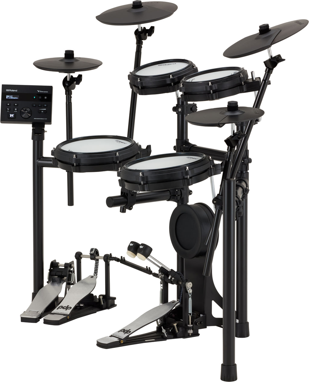 Side view of Roland TD-07KV2 V-Drums electronic drum kit showing compact design and pad layout.