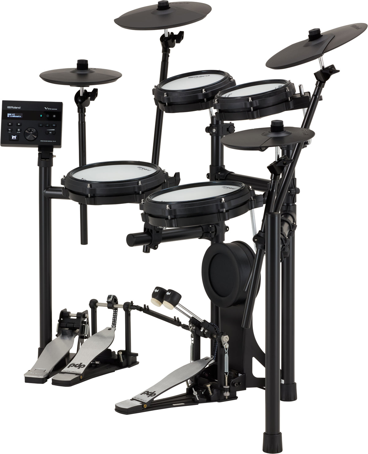 Side view of Roland TD-07KV2 V-Drums electronic drum kit showing compact design and pad layout.