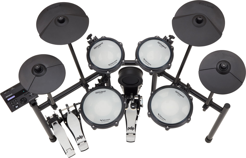 Roland TD-07KV2 V-Drums electronic drum kit with mesh drum pads and cymbals, viewed from top angle.