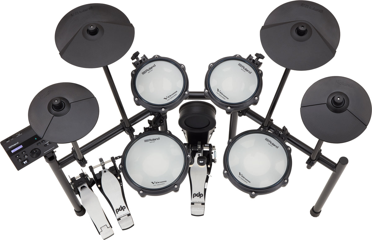 Roland TD-07KV2 V-Drums electronic drum kit with mesh drum pads and cymbals, viewed from top angle.