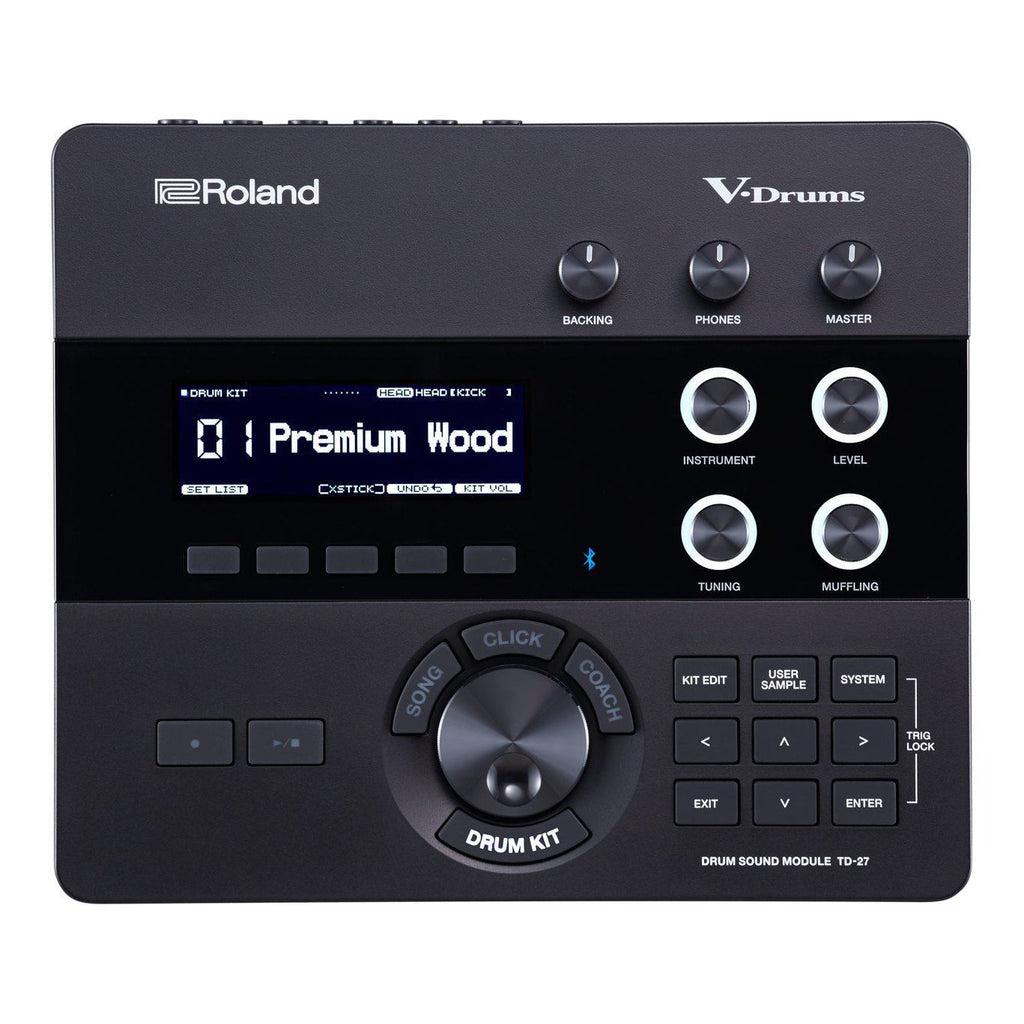 Roland TD-27 V-Drum Module for electronic drum kits, featuring various control knobs and connection ports on the front panel.