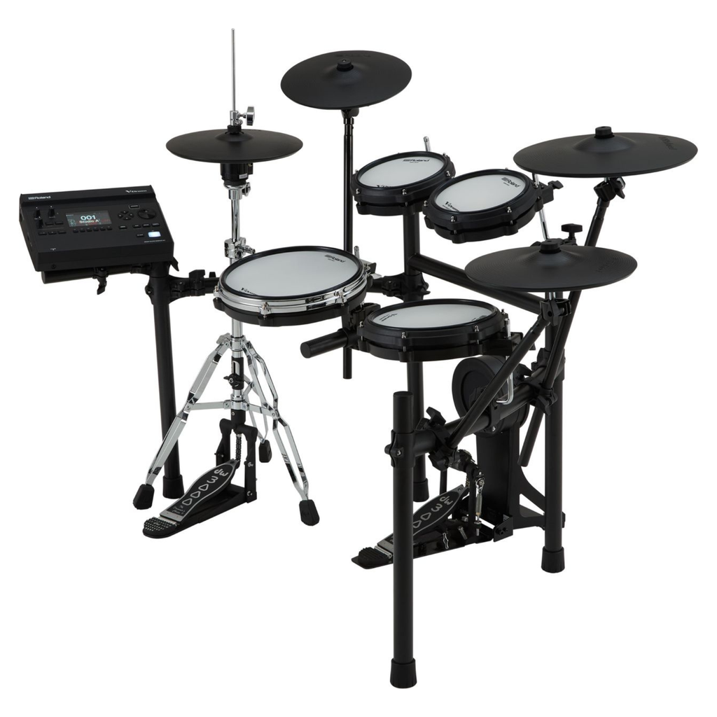 Roland TD316S electronic drum kit with mesh drum pads, cymbals, and control module on a stand for quiet practice.