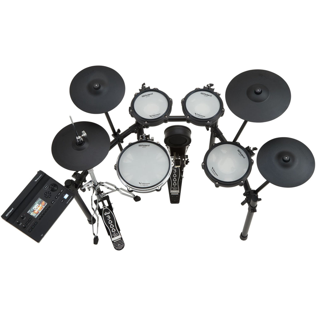 Roland TD316S electronic drum kit with multiple pads and cymbals, compact design, and control module for realistic drumming experience.