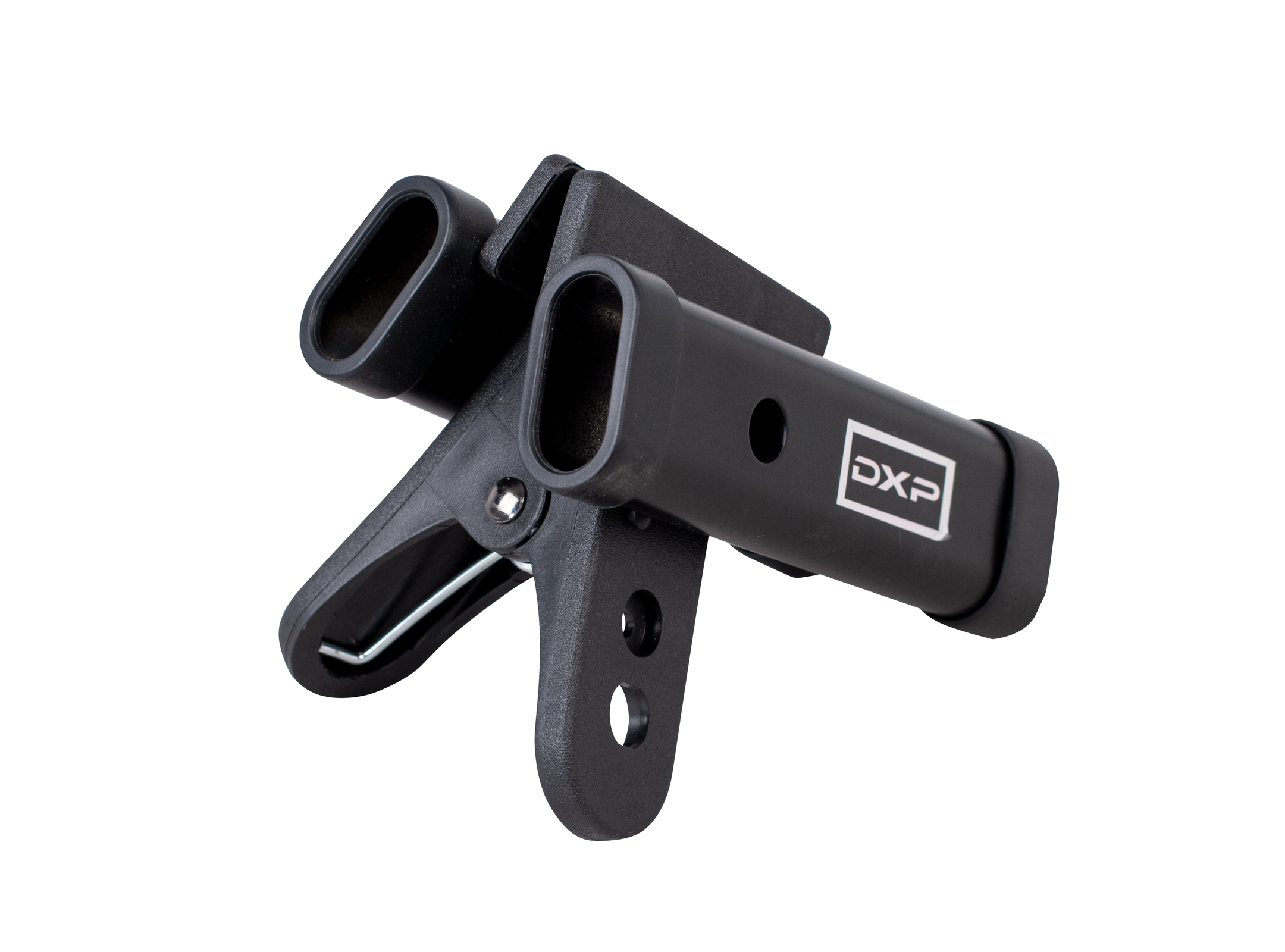 DXP TDK085 drumstick holder mounted on drum hardware with multiple sticks stored inside, designed for drummers' convenience.