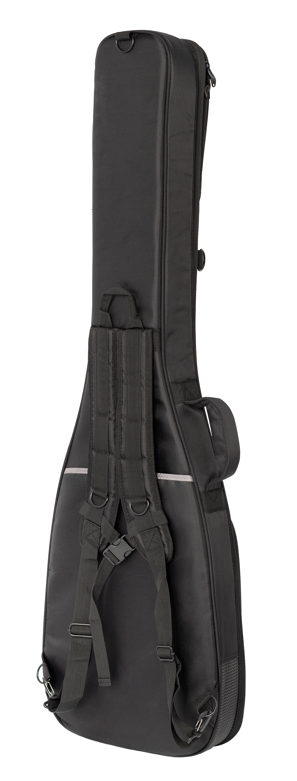 Xtreme Xtreme Pro Premium Deluxe bass guitar gig bag with padded straps and side handle, viewed from back-left showing storage pockets.